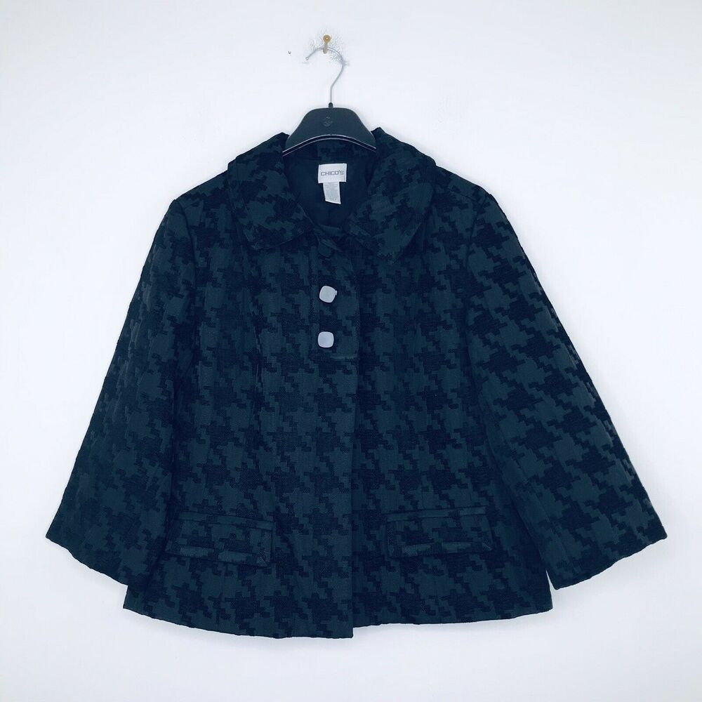 Chico's Women's 2 (Large) Jacket Collared Quarter Button Up Pockets Black